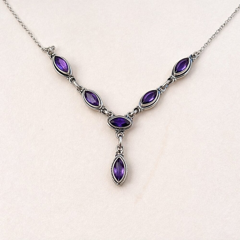 Natural Marquise Amethyst Necklace 925 Sterling Silver Vintage Style Statement